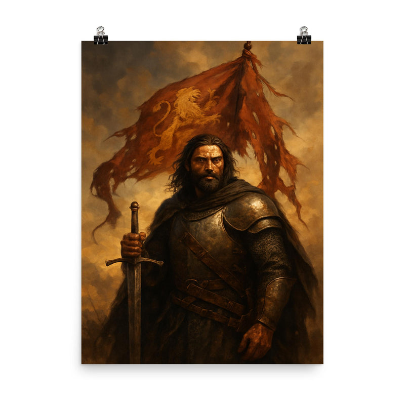 El Cid after battle with tattered pennon poster on a plain backdrop in size 8