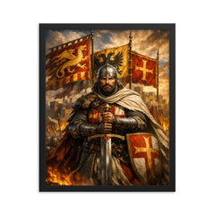 El Cid before Valencia banners framed print on a plain backdrop in size 16"x20".
