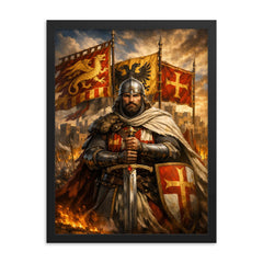 El Cid before Valencia banners framed print on a plain backdrop in size 18"x24".