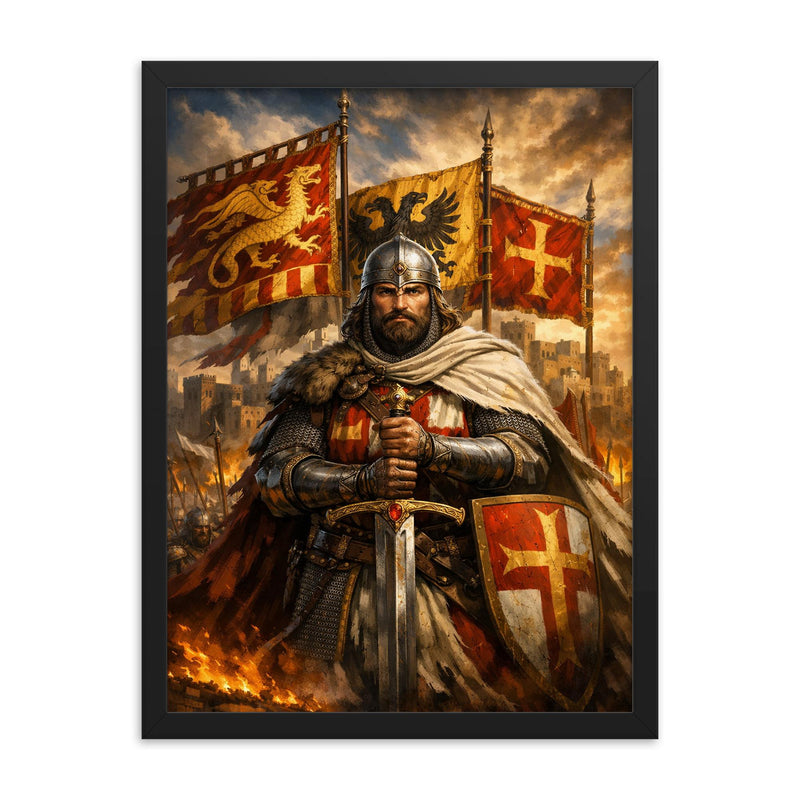 El Cid before Valencia banners framed print on a plain backdrop in size 18