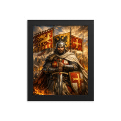 El Cid before Valencia banners framed print on a plain backdrop in size 8"x10".