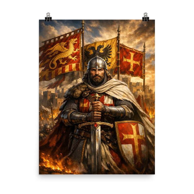 El Cid before Valencia banners poster on a plain backdrop in size 8