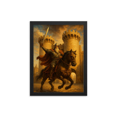 El Cid riding through Valencia gates framed print on a plain backdrop in size 12"x16".