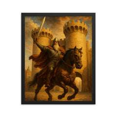 El Cid riding through Valencia gates framed print on a plain backdrop in size 16"x20".