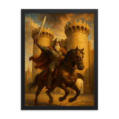 El Cid riding through Valencia gates framed print on a plain backdrop in size 18"x24".