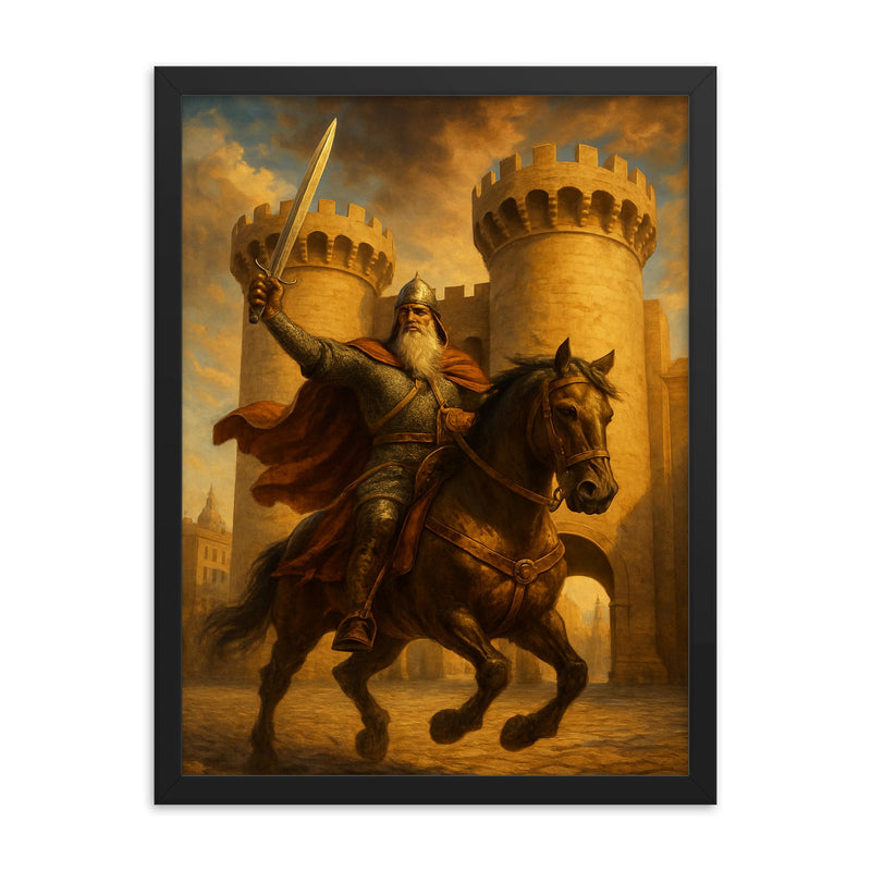 El Cid riding through Valencia gates framed print on a plain backdrop in size 18