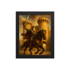 El Cid riding through Valencia gates framed print on a plain backdrop in size 8"x10".