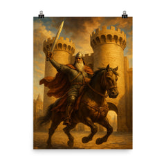 El Cid riding through Valencia gates poster on a plain backdrop in size 8"x10".