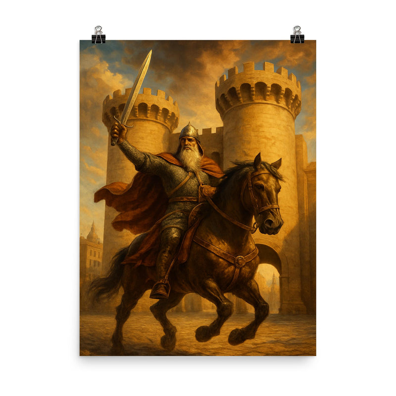 El Cid riding through Valencia gates poster on a plain backdrop in size 8
