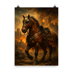 El Cid’s warhorse after Valencia’s siege poster on a plain backdrop in size 8"x10".