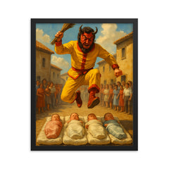 El Colacho Baby Jumping Festival Spain framed print on a plain backdrop in size 16"x20".