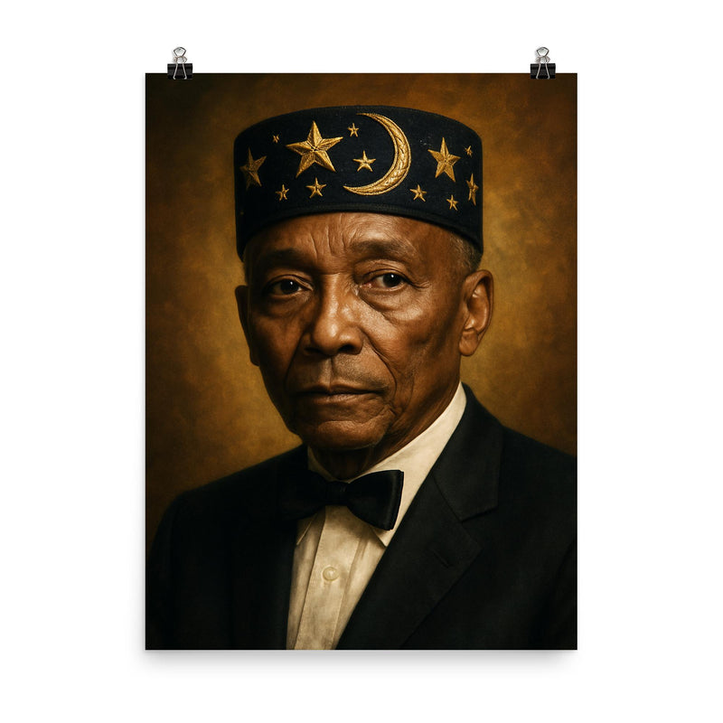 Elijah Muhammad portrait poster on a plain backdrop in size 8