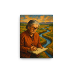 Elinor Ostrom field notes and water channels canvas print on a plain backdrop in size 12"x16".