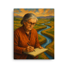 Elinor Ostrom field notes and water channels canvas print on a plain backdrop in size 16"x20".