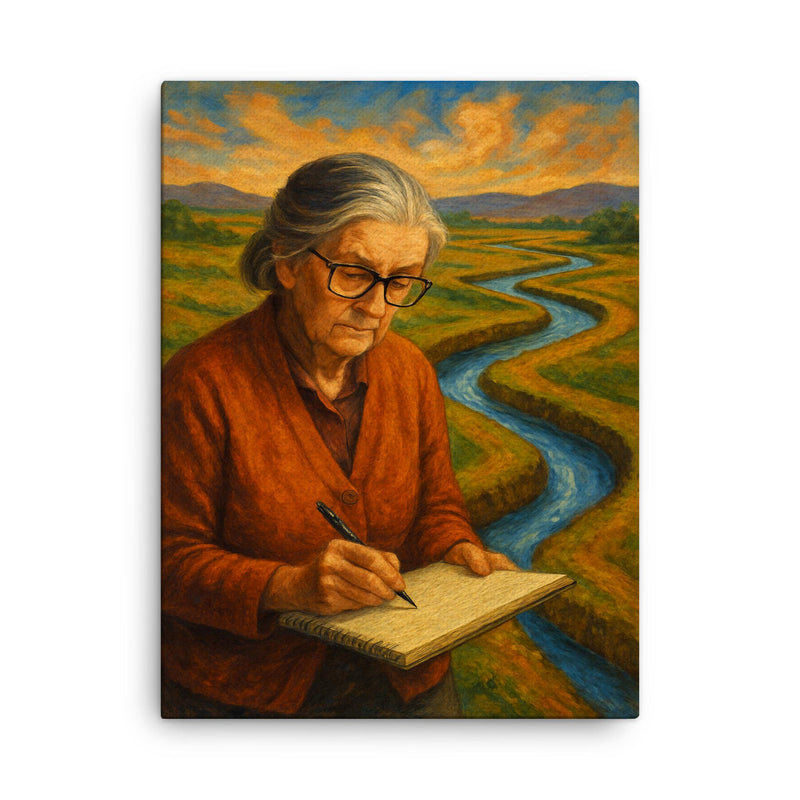 Elinor Ostrom field notes and water channels canvas print on a plain backdrop in size 18