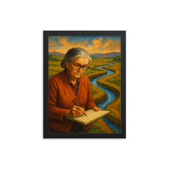 Elinor Ostrom field notes and water channels framed print on a plain backdrop in size 12"x16".