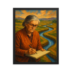Elinor Ostrom field notes and water channels framed print on a plain backdrop in size 16"x20".