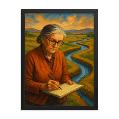 Elinor Ostrom field notes and water channels framed print on a plain backdrop in size 18"x24".