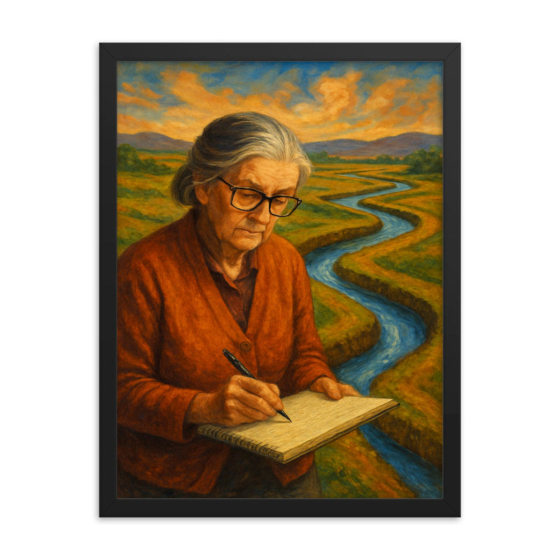 Elinor Ostrom field notes and water channels framed print on a plain backdrop in size 18