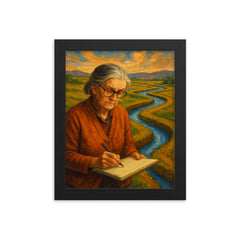 Elinor Ostrom field notes and water channels framed print on a plain backdrop in size 8"x10".