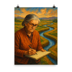 Elinor Ostrom field notes and water channels poster on a plain backdrop in size 8"x10".