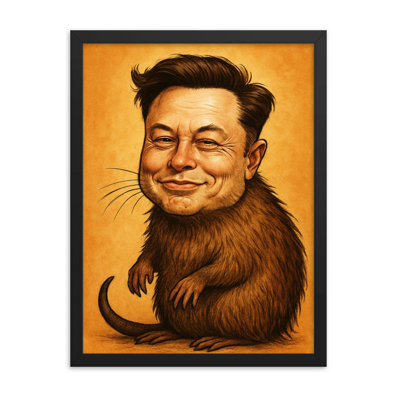 Elon Musk as a Muskrat funny framed print on a plain backdrop in size 18