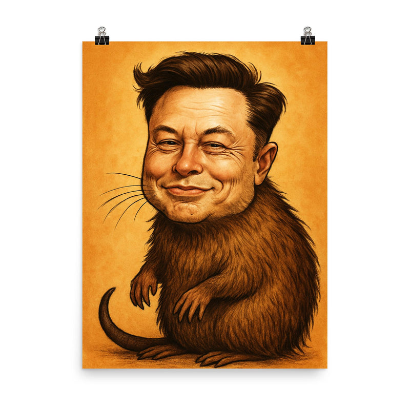 Elon Musk as a Muskrat funny poster on a plain backdrop in size 8