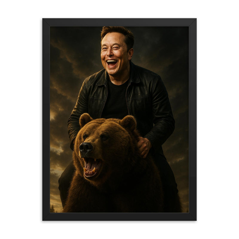 Elon Musk Riding a Grizzly Bear framed print on a plain backdrop in size 18