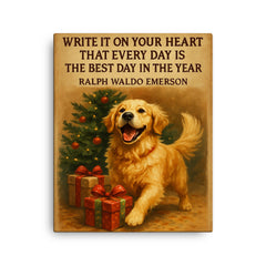 emerson quote every day best day enthusiastic golden retriever canvas print on a plain backdrop in size 16"x20".
