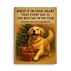 emerson quote every day best day enthusiastic golden retriever canvas print on a plain backdrop in size 18"x24".