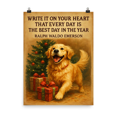 emerson quote every day best day enthusiastic golden retriever poster on a plain backdrop in size 8"x10".
