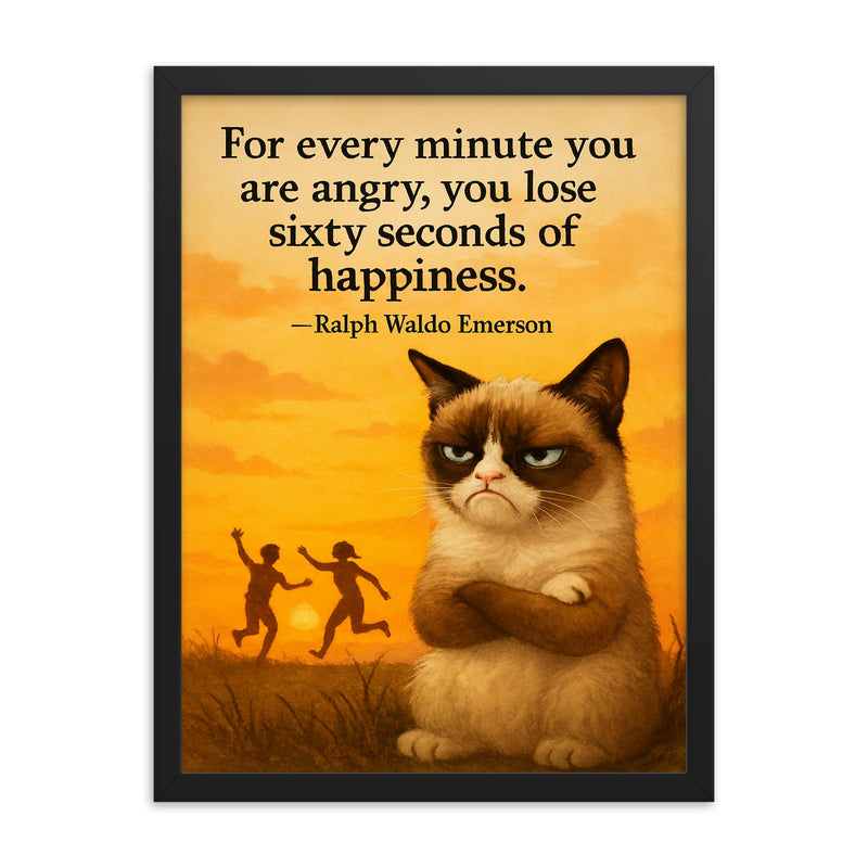 Emerson quote grumpy cat sunset happiness and anger framed print on a plain backdrop in size 18