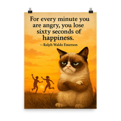 Emerson quote grumpy cat sunset happiness and anger poster on a plain backdrop in size 8"x10".