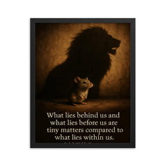 Emerson quote what lies behind before within us inspirational framed print on a plain backdrop in size 16"x20".