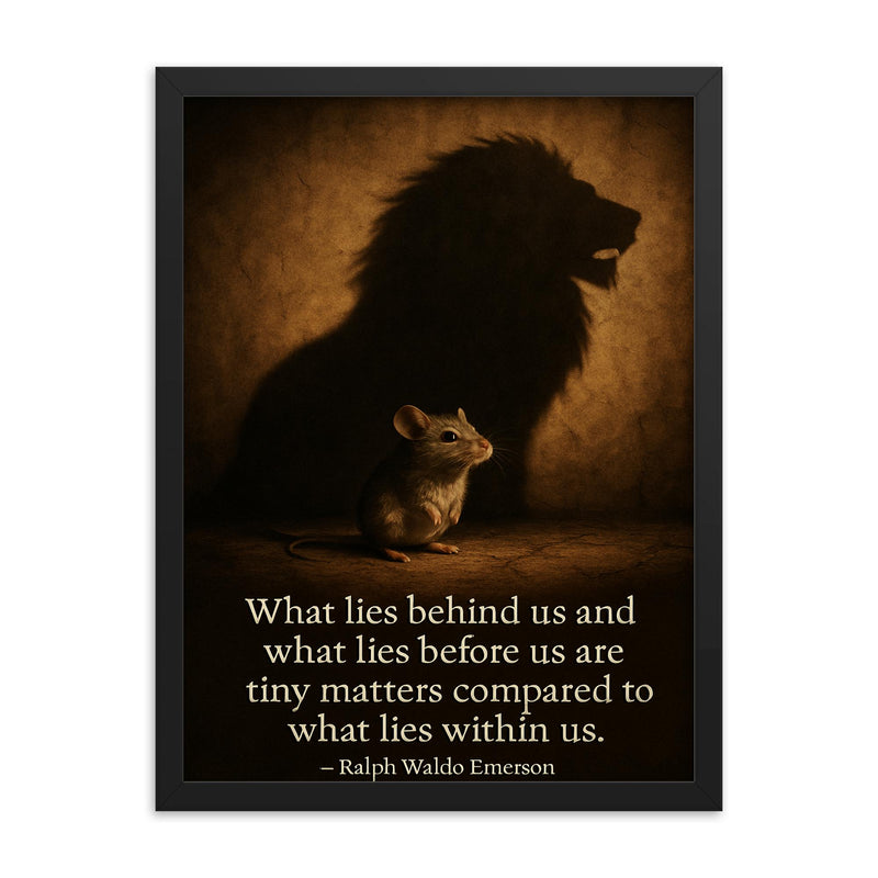 Emerson quote what lies behind before within us inspirational framed print on a plain backdrop in size 18