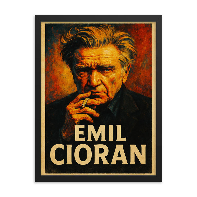 Emil Cioran framed print on a plain backdrop in size 18