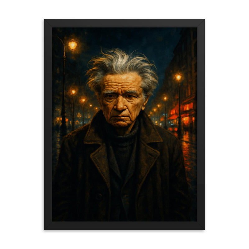 Emil Cioran in sleepless boulevard night framed print on a plain backdrop in size 18