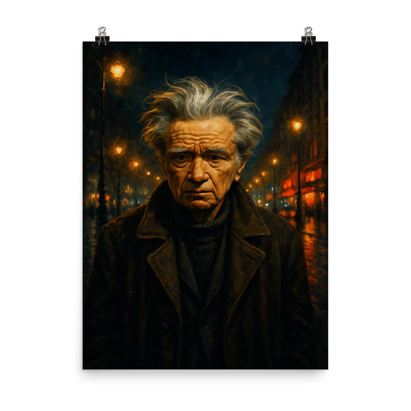 Emil Cioran in sleepless boulevard night poster on a plain backdrop in size 8