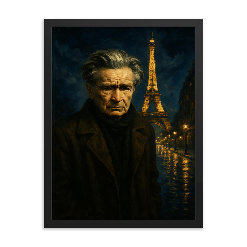 Emil Cioran in sleepless Paris midnight framed print on a plain backdrop in size 18