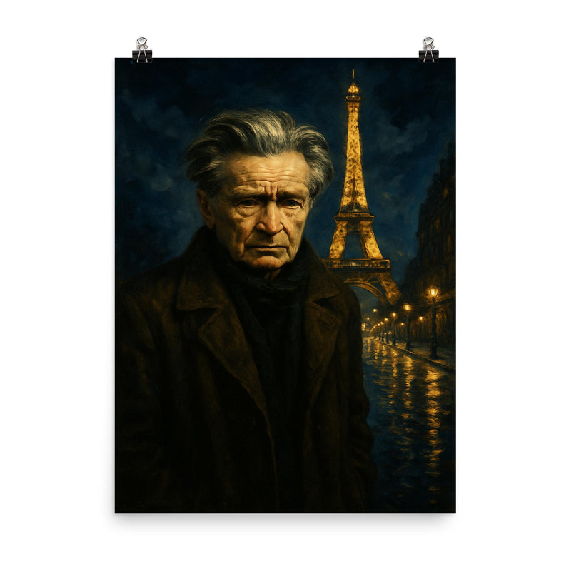 Emil Cioran in sleepless Paris midnight poster on a plain backdrop in size 8
