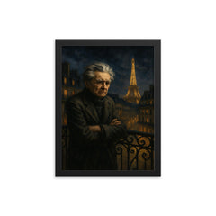 Emil Cioran on a sleepless Paris balcony framed print on a plain backdrop in size 12"x16".
