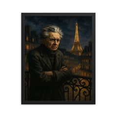Emil Cioran on a sleepless Paris balcony framed print on a plain backdrop in size 16"x20".