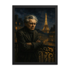 Emil Cioran on a sleepless Paris balcony framed print on a plain backdrop in size 18"x24".