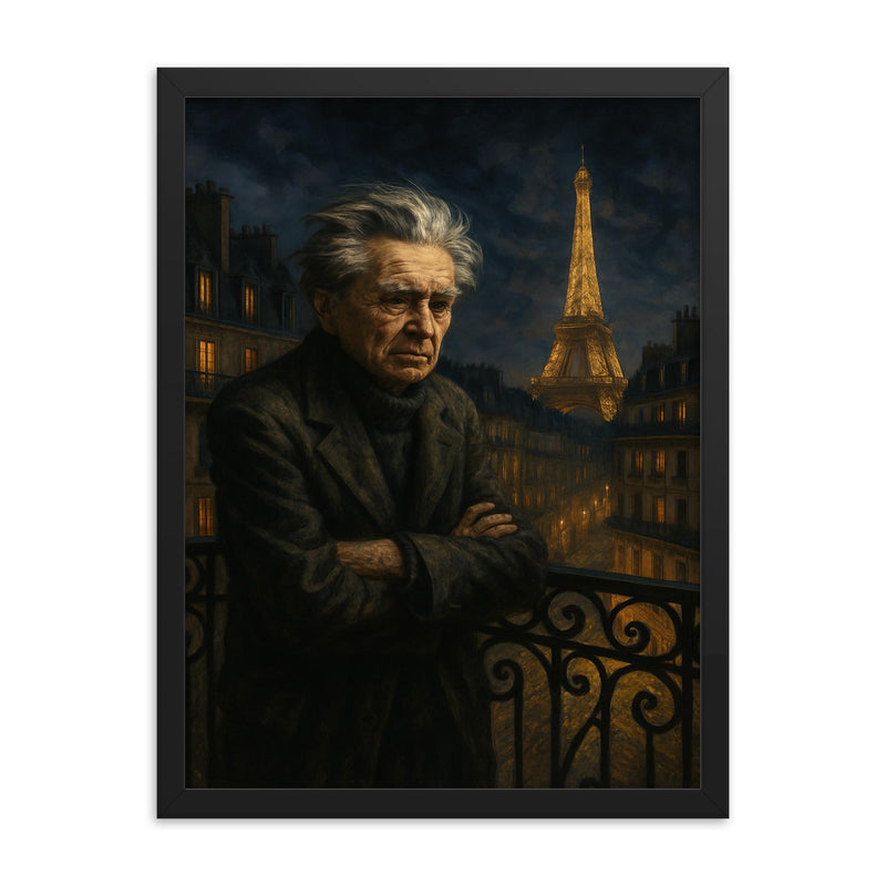 Emil Cioran on a sleepless Paris balcony framed print on a plain backdrop in size 18
