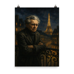 Emil Cioran on a sleepless Paris balcony poster on a plain backdrop in size 8"x10".