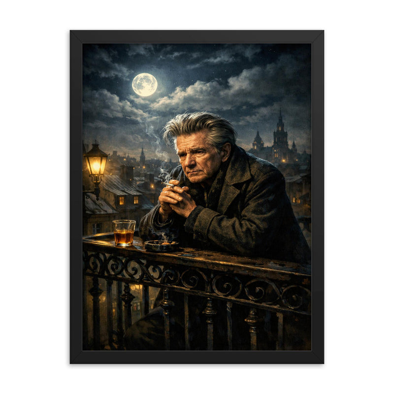 Emil Cioran on sleepless midnight balcony framed print on a plain backdrop in size 18