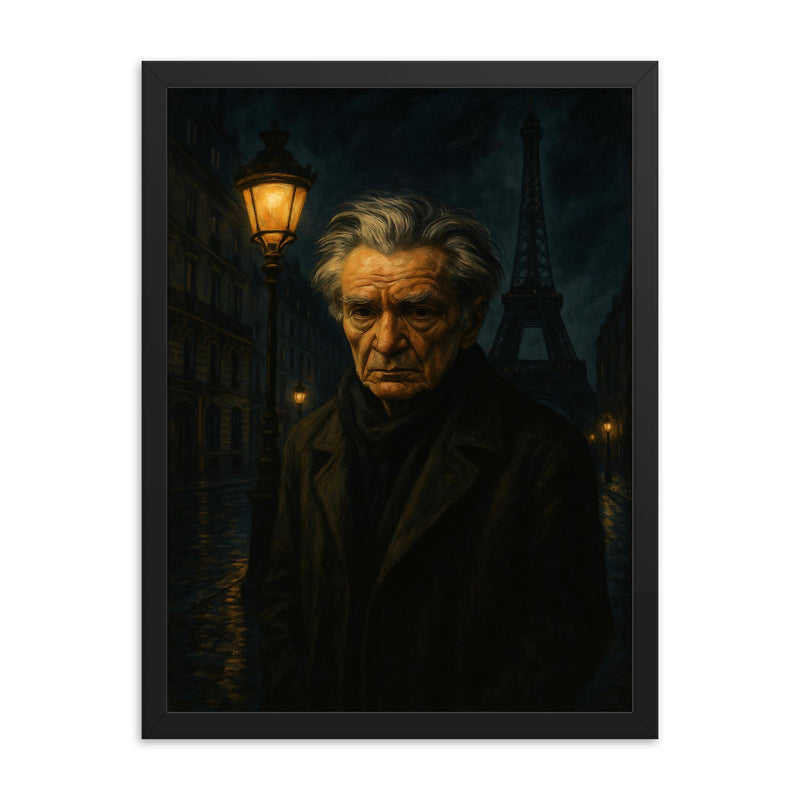 Emil Cioran under sleepless Paris lamplight framed print on a plain backdrop in size 18