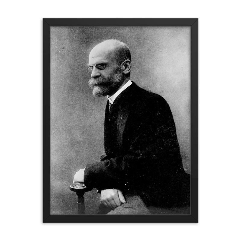 Emile Durkheim framed print on a plain backdrop in size 18