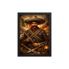 Emiliano Zapata beneath a bandolier crossed chest framed print on a plain backdrop in size 12"x16".
