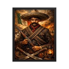 Emiliano Zapata beneath a bandolier crossed chest framed print on a plain backdrop in size 16"x20".